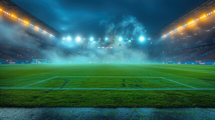 Empty soccer stadium with lights and fog at night time