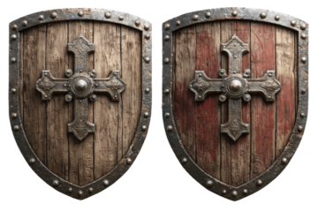 Historic battle shields display medieval setting digital art. Isolated on transparent background, png.