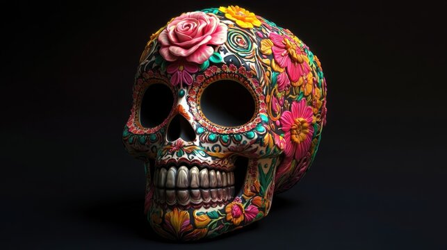 Vibrant Sugar Skull Art of Cavalera Decorated with Intricate Floral Designs Isolated on Dark Background
