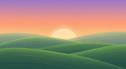 Fototapeta premium Rolling Green Hills at Sunset - Serene Landscape Illustration