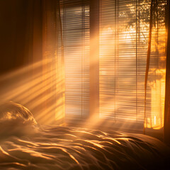 Sunlight streams through the window into the bedroom.