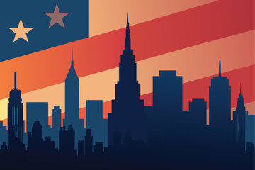Obraz premium silhouetted skyline with american flag overlay .eps