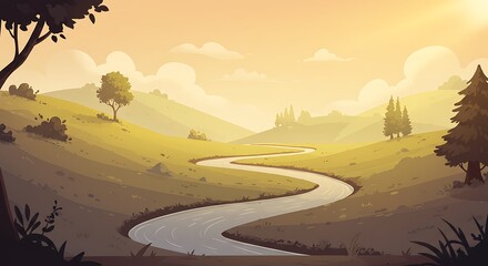 Serene Valley River at Sunrise: Tranquil Landscape Illustration