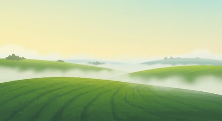 Misty Green Hills: Serene Landscape in Fog