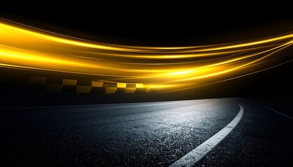 Speeding light streaks above a dark asphalt track with a checkered flag finish