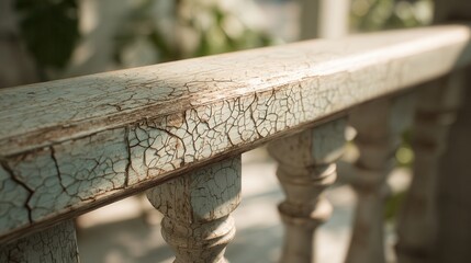 Obraz premium Weathered wooden railing shows cracked paint and peeling texture in bright daylight