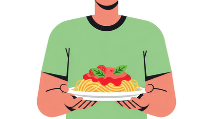 An image of person holding plate of spaghetti.. The scene includes pasta, chef, Italian, appetite, serve, restaurant, white, style, dinner,
