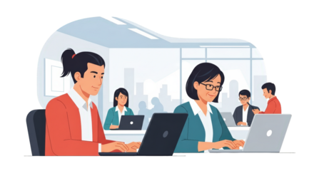 An image of people working on laptops in office.. The scene includes data, workspace, man, white, screen, digital, style, manager,