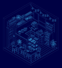 Isometric wireframe illustration of a cozy cafe interior with blue background. Features neatly arranged tables, chairs, houseplants, and cupboards under warm pendant lights.