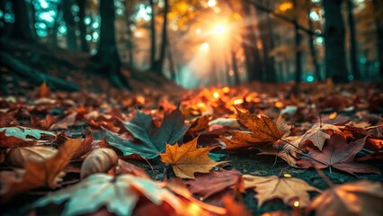 Golden autumn sunlight illuminates forest floor covered in fallen leaves