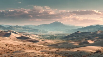 Naklejka premium Scenic desert landscape featuring rolling sand dunes meeting distant mountains, under a soft, pastel sky with clouds, creating a peaceful vista.