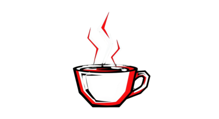 An image of red and black coffee cup.. The scene includes shape, line, cafe, white, style, digital, simple, red, icon,
