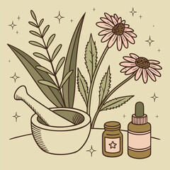 Still life of mortar and pestle with herbs, flowers, and bottles in a vintage aesthetic illustration