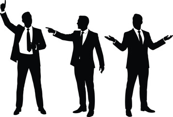 Set of three business man silhouettes in suits, showcasing various hand gestures, symbolizing leadership, communication, and decisive action in a corporate environment.