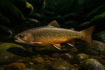 Naklejka premium Brook trout gliding through pristine river waters, displaying iridescent markings against rocky streambed with stunning natural coloration