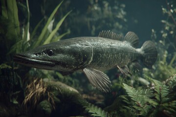 Fototapeta premium Prehistoric fish swimming through dense aquatic vegetation, casting ethereal shadows in dimly lit underwater depths