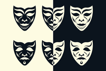 Tragedy and Comedy Mask Set in Minimal Style.