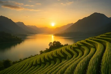 Fotobehang Rijstvelden Terraced rice fields at sunrise in the mountains  © dodi