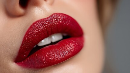 Naklejka premium Seductive Closeup Red lipstick on perfect lips with sensual, beauty, elegant, and macro shot.
