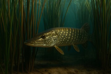 Fototapeta premium Large northern pike swimming gracefully through dark murky waters, weaving among aquatic plants in a serene lake environment