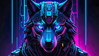 Cyberpunk Mechanical Wolf Head Neon Illustration