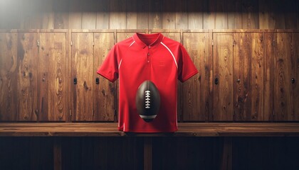 Red polo shirt and football resting on a wooden bench inside a locker room.