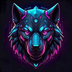 Cyberpunk Mechanical Wolf Head Neon Illustration