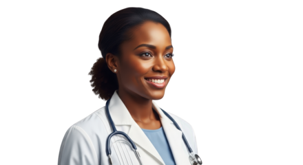 An image of smiling african american female doctor 1.. The scene includes medical staff, face, headshot, diagnosis, hospital, medical, medicine,