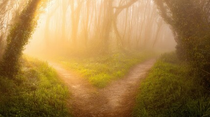 Enchanted forest scene: Misty diverging trails under sunbeam illumination at dawn