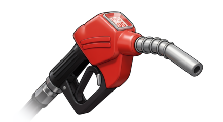 Fuel nozzle illustration with red pump and silver spout for gas station concept and energy themes