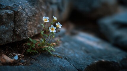 Fototapeta premium Delicate purple flowers grow resiliently through cracks in stone at sunset in a serene outdoor setting