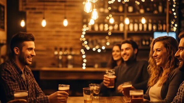 Happy Bachelor Party Toast Among Friends in a Bar