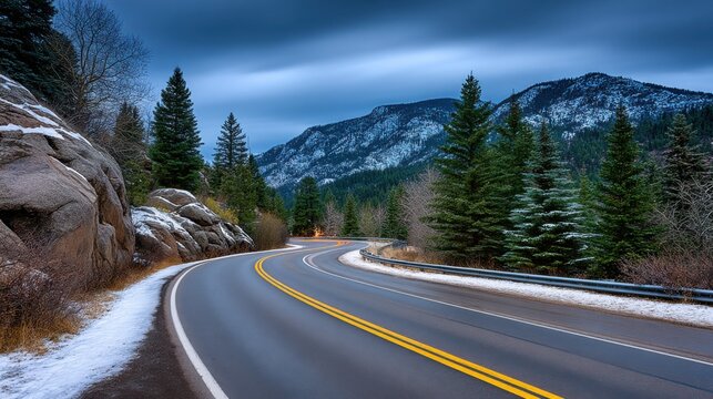 A winding mountain road surrounded by pine trees and snow-capped peaks under a cloudy sky