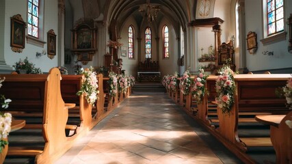 Interior of a small church decorated for a wedding ceremony, rows of benches with floral arrangements, soft morning light through stained glass windows - Powered by Adobe
