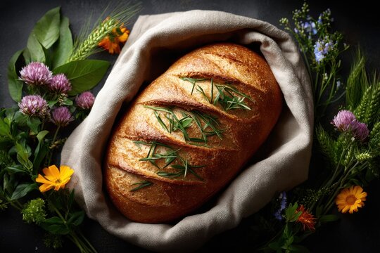 Rosemary Artisan Bread in Linen Cloth with Wildflowers