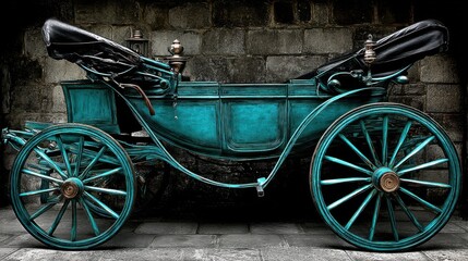 A vintage horse-drawn carriage with teal-colored wooden wheels and body parked against a stone wall
