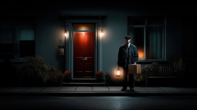 Night delivery scene with courier holding package at dark front door, urban setting, focused expression, dim lighting, contactless drop-off moment - Powered by Adobe