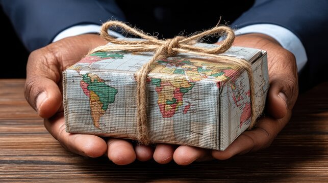 A person in a suit holds a gift wrapped with world map paper and tied with twine on a wooden surface