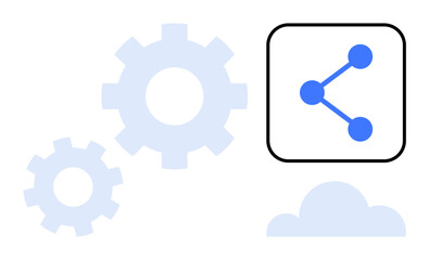 Gears, cloud, and connection node icon signifying collaboration, technology, networking, automation, data sharing, process optimization and innovation. Ideal for workflow apps digital services