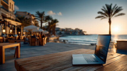 Remote freelancer working from mountain cabin at sunrise, laptop open, warm cozy interior, peaceful productive work atmosphere.