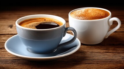 Fototapeta premium A cup of black coffee on a wooden surface with a second cup in the background