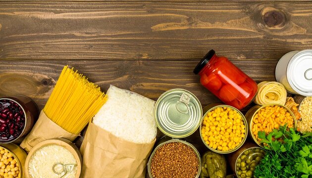 Rustic pantry shelf with assorted non-perishable foods—grains, pasta, canned goods, and preserved vegetables—arranged neatly against a warm wooden backdrop. - Powered by Adobe