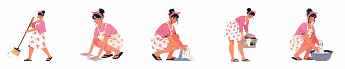 Fototapeta premium A collection of scenes of housewives doing household chores - washing clothes and dishes, ironing clothes, cooking, feeding cats, etc.