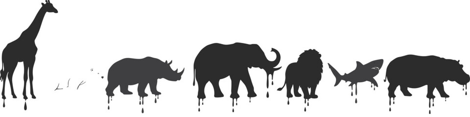 Collection of African and wild animal silhouettes, a unique graphic design with a melting or dripping effect, symbolizing environmental impact, and wildlife conservation.