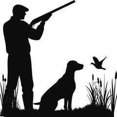 Silhouette of a hunter aiming a shotgun with his loyal dog by his side and a duck flying overhead in a marshy environment