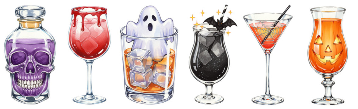 Halloween cocktail watercolor set with spooky drinks and decorations, party beverage collection for autumn and holiday design