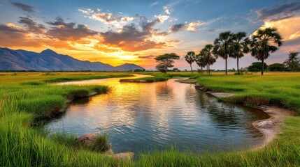 Obraz premium Sunset over a peaceful river flowing through lush green fields with palm trees and mountains in the background