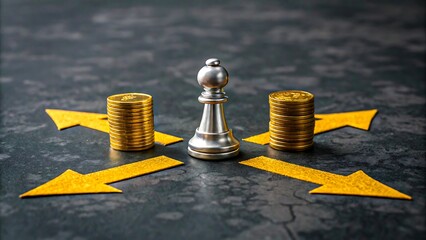 Silver chess pawn with arrows and coins representing financial decision making and strategy
