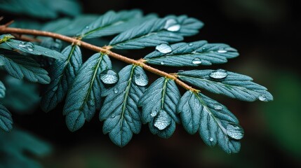 Close-up of a green pine branch with water droplets on the needles, natural outdoor scene