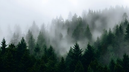 Dense pine forest shrouded in a veil of mist the treetops fading into a hazy white background on an overcast atmospheric morning